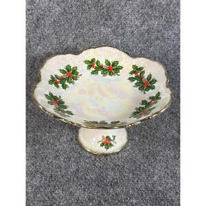 Vintage 1950s Ucagco Holly Berries Christmas Compote Pedestal Dish Lustreware
